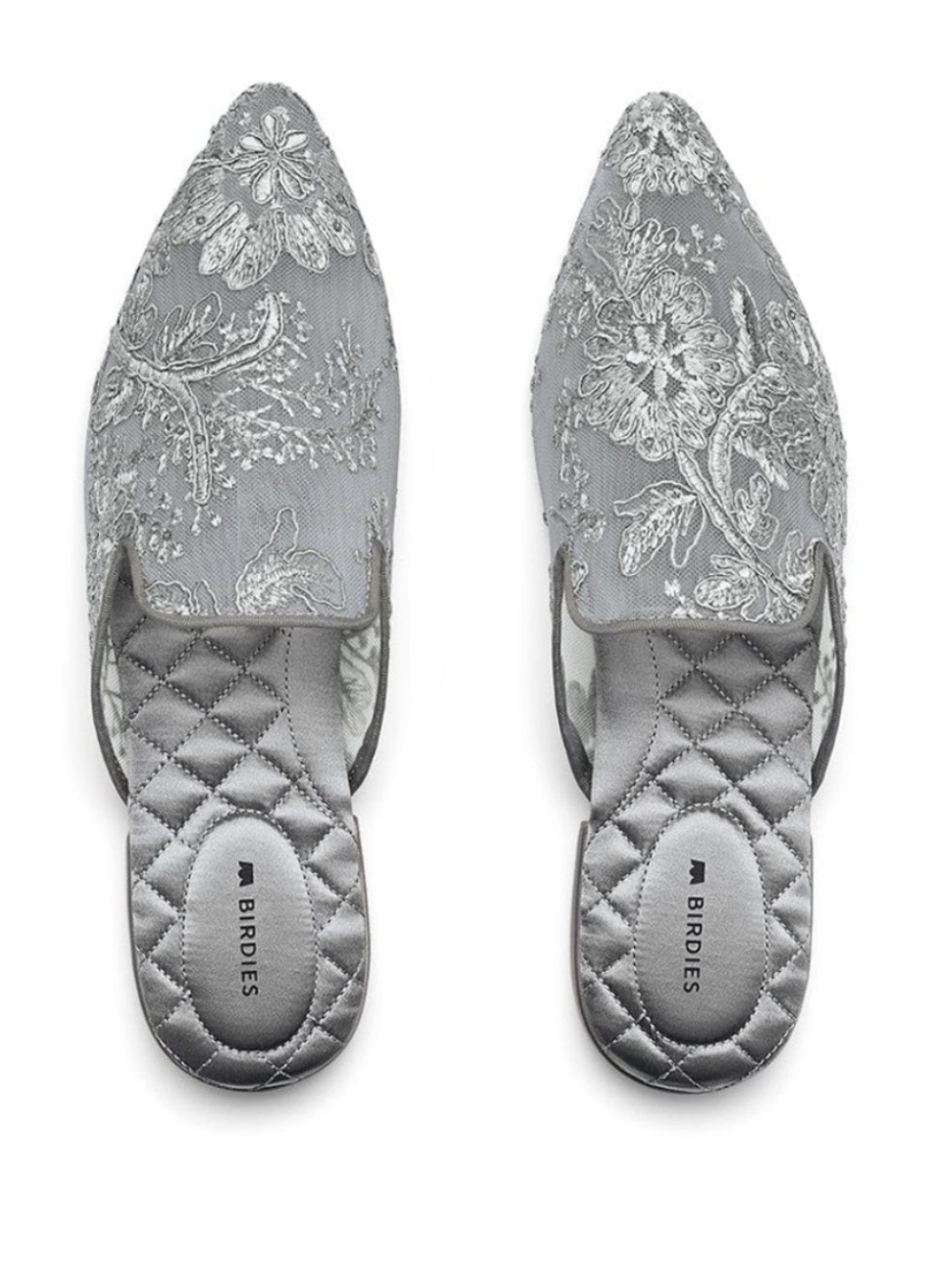 Birdies Dove Embroidered
Flower Floral Lace Mules Slip
On Shoes Gray Silver 9